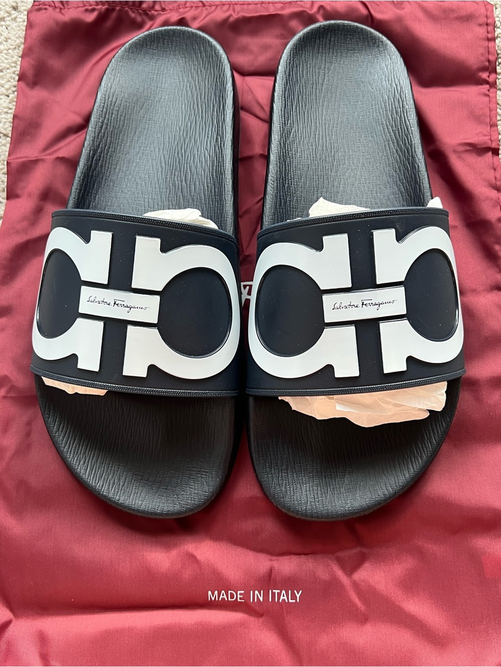 Salvatore Ferragamo Black and White Gancini Slide Sandals